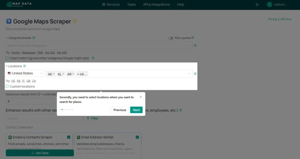 MapDataScraper Select location