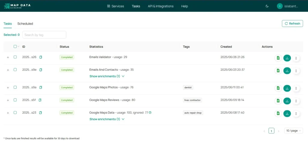 Tasks Page of MapDataScraper