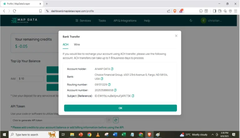 Adding Funds to MapDataScraper using Bank transfer.