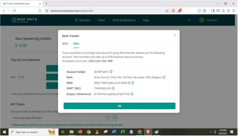 Adding funds using bank transfer on MapDataScraper account.