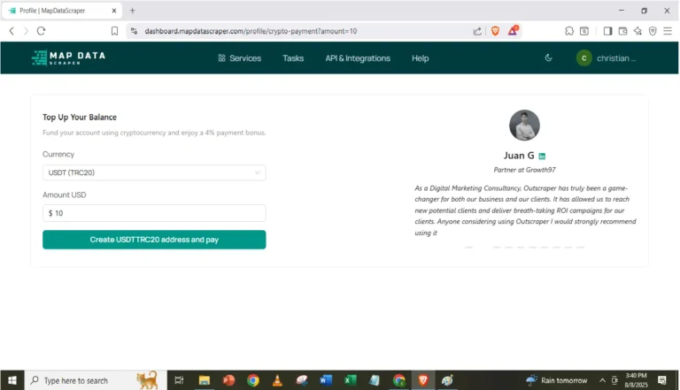 Cryptocurrency is also customers option to add funds on MapDataScraper Account.