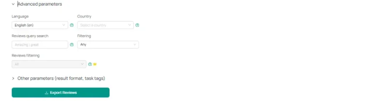 Google Maps Reviews Scraper Advance Parameters it shows the languages , country , reviews query search, filtering, reviews filtering.