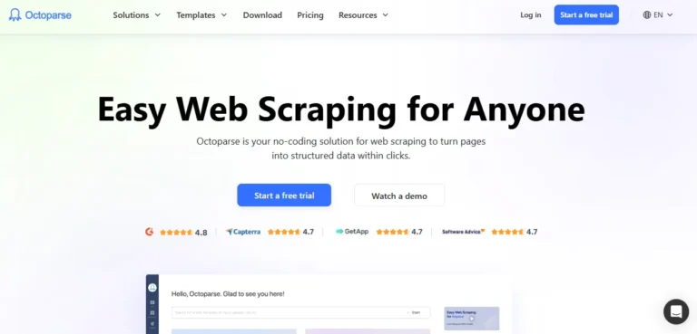 Octoparse is highlighted as a no-coding scraper and an AI web scraping assistant