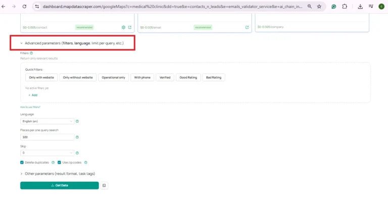 Advanced Parameters is also present; it covers filters, language, Limit per query, Delete Duplicates, and usage of Zip Codes. For other parameters that include result, format, and task tags.