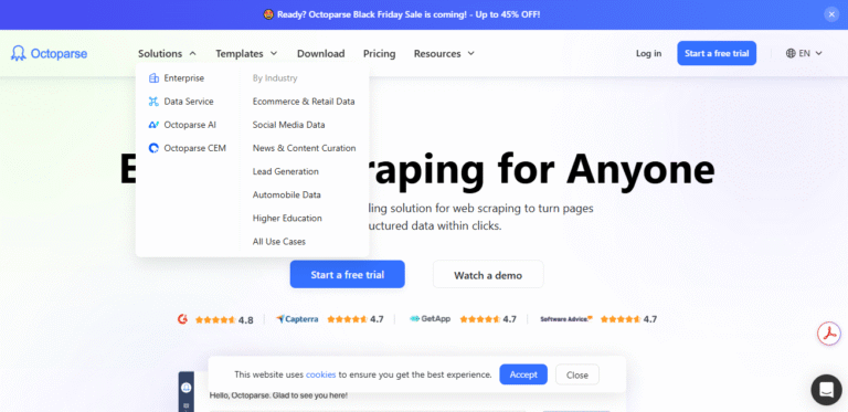 Octoparse is a cloud-based platform that scrapes data with no coding required. It also uses templates that help with data extraction with no setup needed. It has data export options for Excel, JSON, CSV, HTML, and TXT.