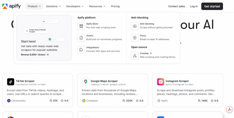 Apify is also a scraping tool that maximizes the use of "Actors" that are responsible for doing tasks and automating data extraction. It also features API Integrations for the data scraping process.