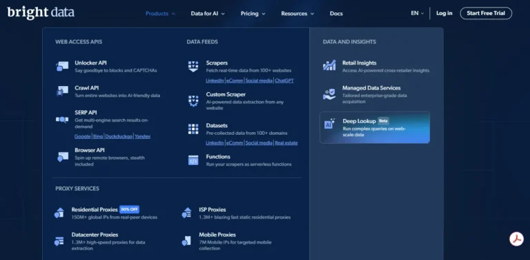 Bright Data is a widely known scraper, which is an enterprise-based platform that uses proxy networks, and is also used for a larger quantity of data. It has API integrations, but it is not really advisable for non-coding individuals.  
