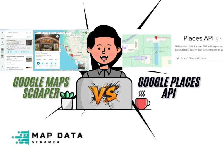 Google Maps Scraper and Google Places API as tools for extracting business insights. It covers names, addresses, phone numbers, and reviews. It explains that Google Maps Scraper automates data extraction directly from what is visibly available on Google Maps, providing broad data coverage depending on service subscription (free-tier or funded account). It is often used in lead generation, competition research, analysis, and wider coverage of data extraction. In contrast, Google Places API is an official, paid Google service that returns structured JSON/XML data through API keys and supports precise searches using text, categories, coordinates, and Place IDs, but provides only curated data and is limited by quotas, billing plans, and result caps.