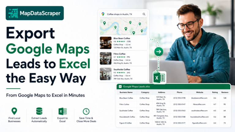 Google Maps leads exported to Excel using MapDataScraper with business names, phone numbers, websites, ratings, and reviews