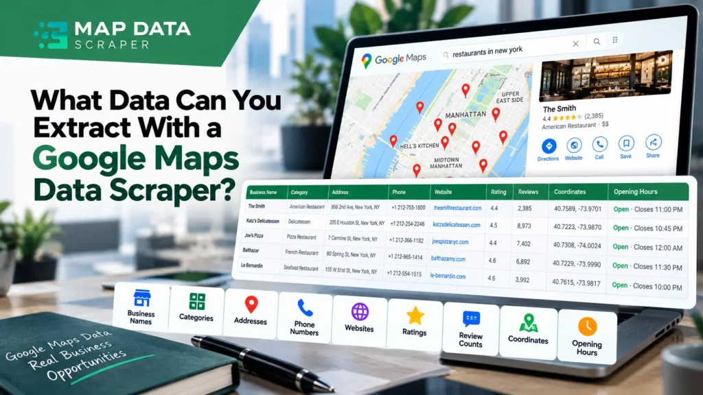 Google Maps data scraper fields including business names, addresses, phone numbers, websites, ratings, and reviews